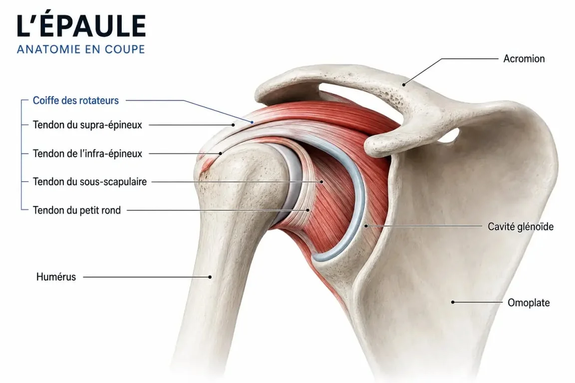 Schéma de tendinite épaule montrant la coiffe des rotateurs et les tendons principaux