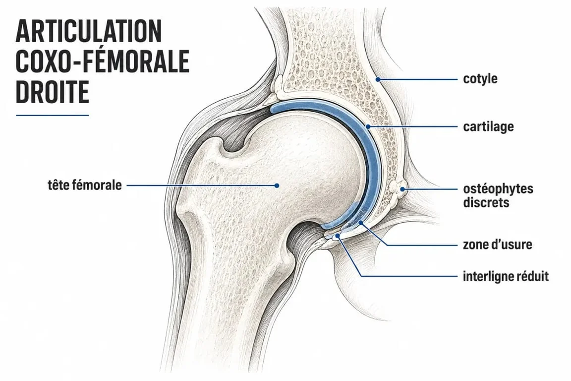 Schéma de la coxarthrose droite de la hanche avec cartilage et ostéophytes