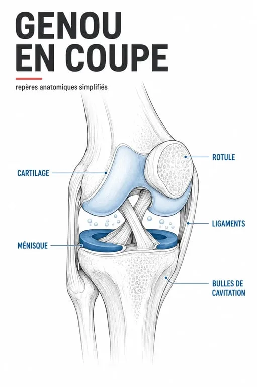 Genou qui craque : quand s'inquiéter, schéma du genou avec ménisque, cartilage et rotule