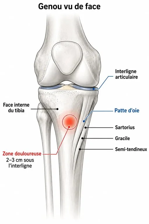 Tendinite de la patte d'oie : schéma du genou et zone douloureuse sur la face interne