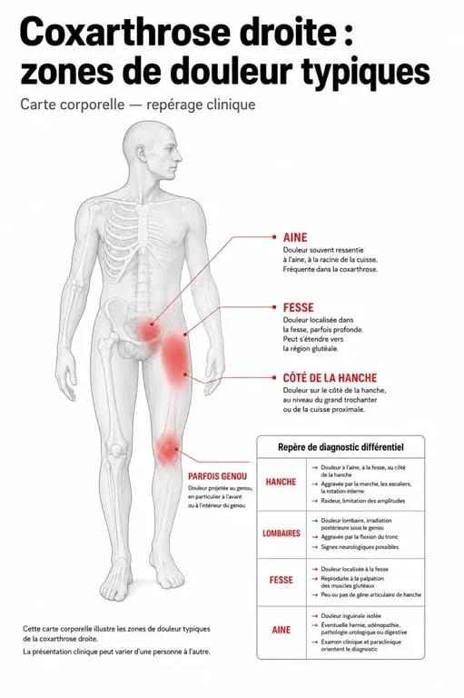 Carte des douleurs de la coxarthrose droite entre hanche, aine, fesse et genou