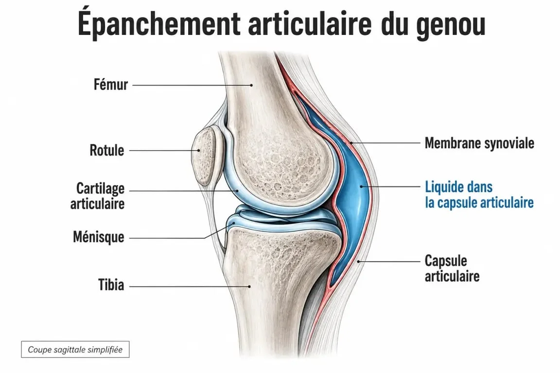 Épanchement de synovie du genou : causes et traitement, schéma du genou montrant l’accumulation de liquide synovial