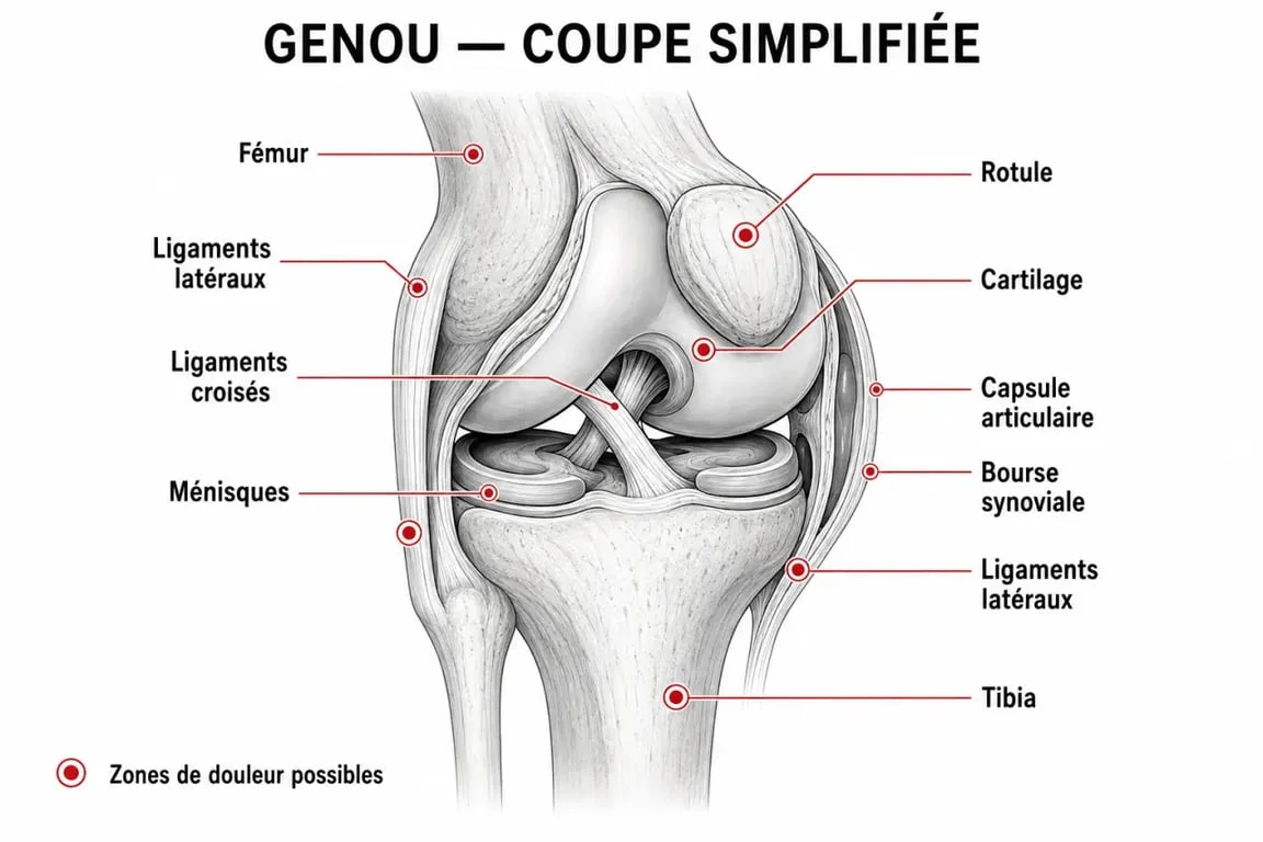 Genoux douleur : schéma du genou annoté montrant cartilage, ménisques, ligaments et zones de douleur