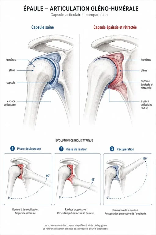 Capsulite rétractile de l'épaule : schéma médical de la capsule articulaire épaissie et phases d'évolution