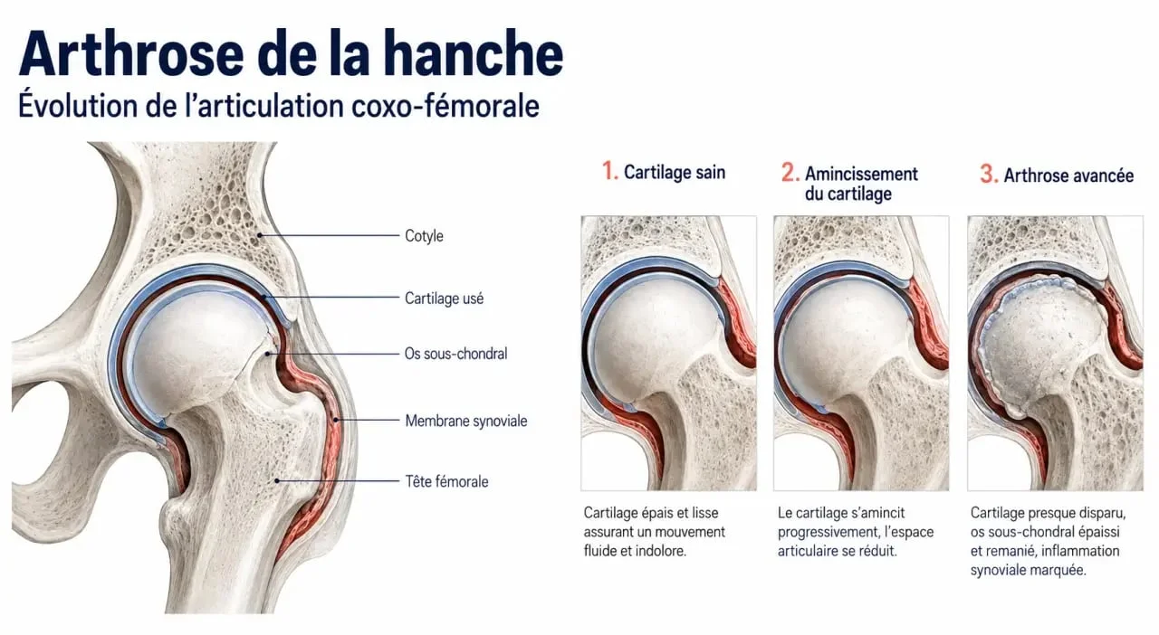 Schéma de l’arthrose de la hanche montrant le cartilage, l’os sous-chondral et la synoviale