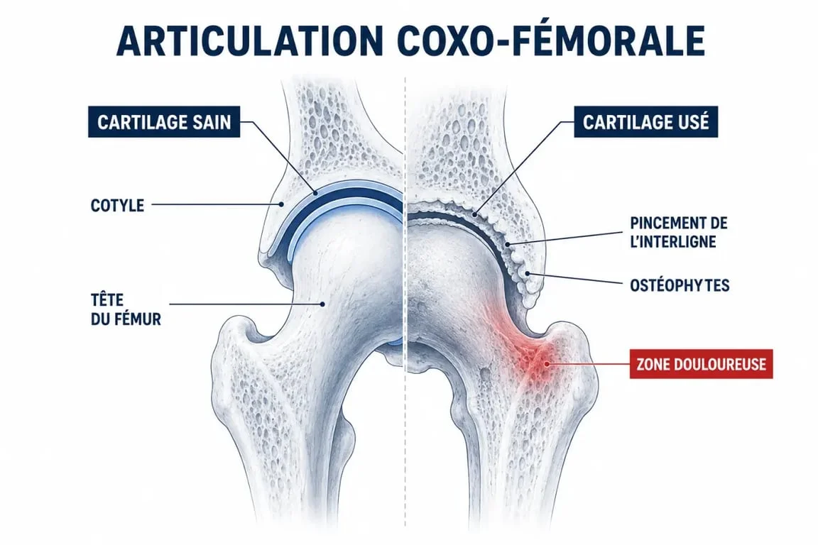Schéma de la coxarthrose hanche montrant le pincement articulaire et l’usure du cartilage