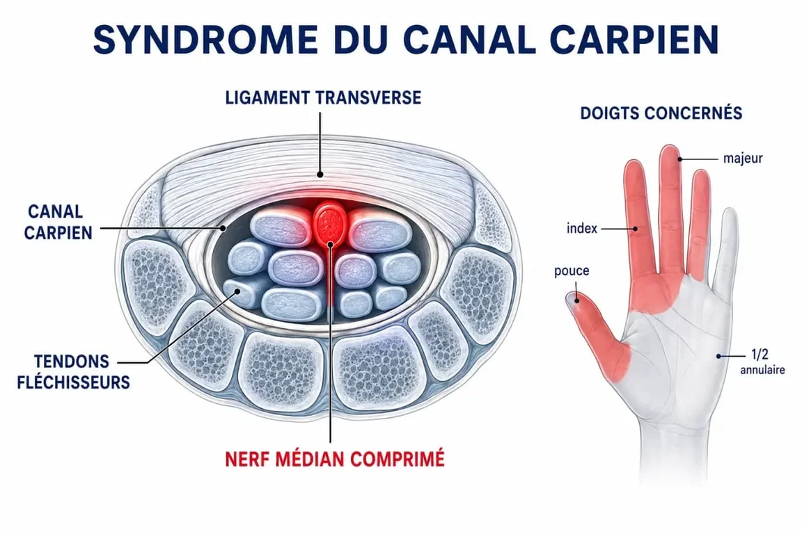 Schéma du syndrome du canal carpien : compression du nerf médian dans le poignet