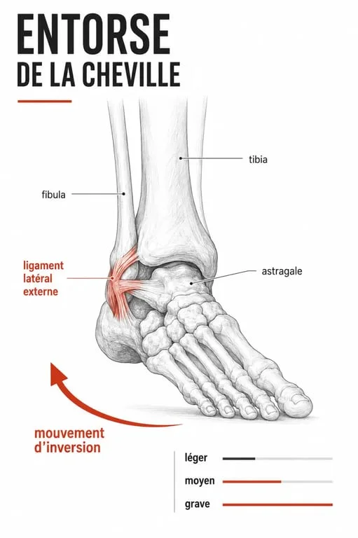 Schéma de l’entorse de la cheville montrant les ligaments et les stades de gravité