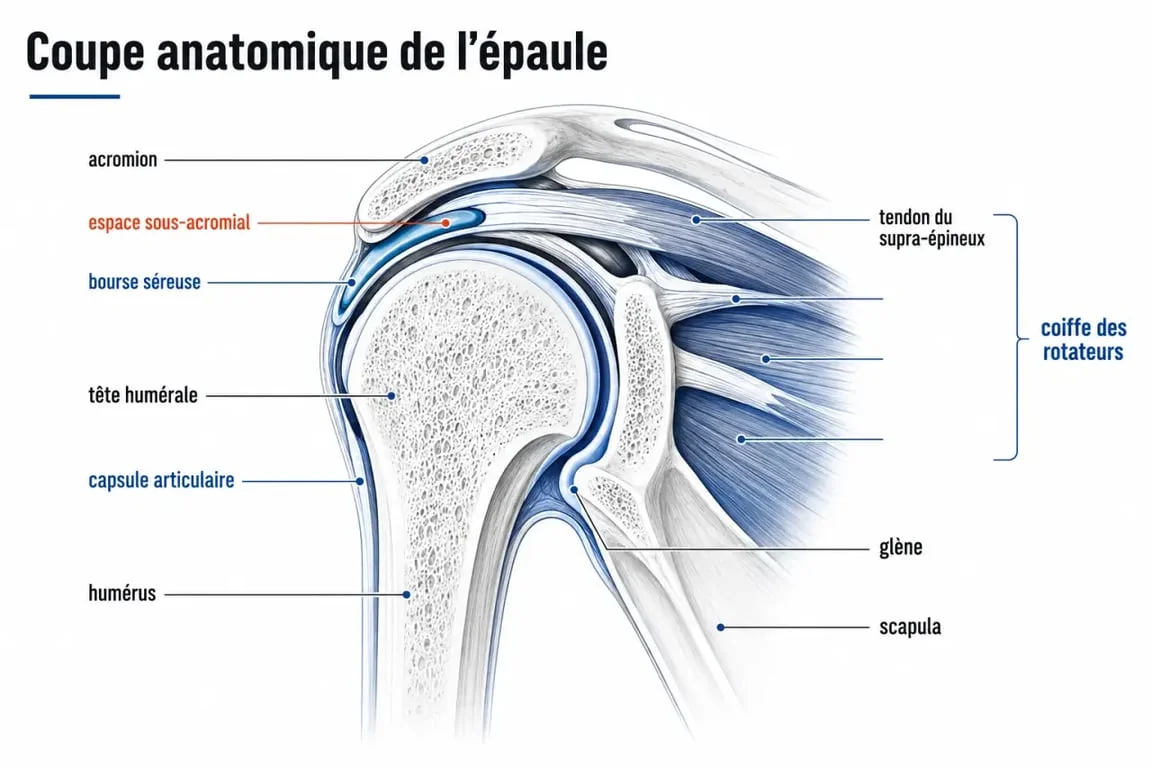 Schéma de l'inflammation de l'épaule avec la coiffe des rotateurs et l'espace sous-acromial