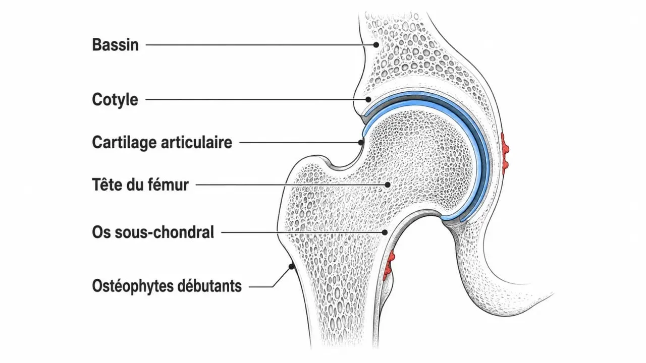 Arthrose du bassin : schéma de l’articulation de la hanche et de l’usure du cartilage