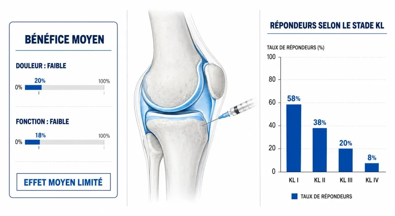 Infographie sur l’acide hyaluronique dans le genou montrant l’efficacité, les stades de gonarthrose et les limites des études