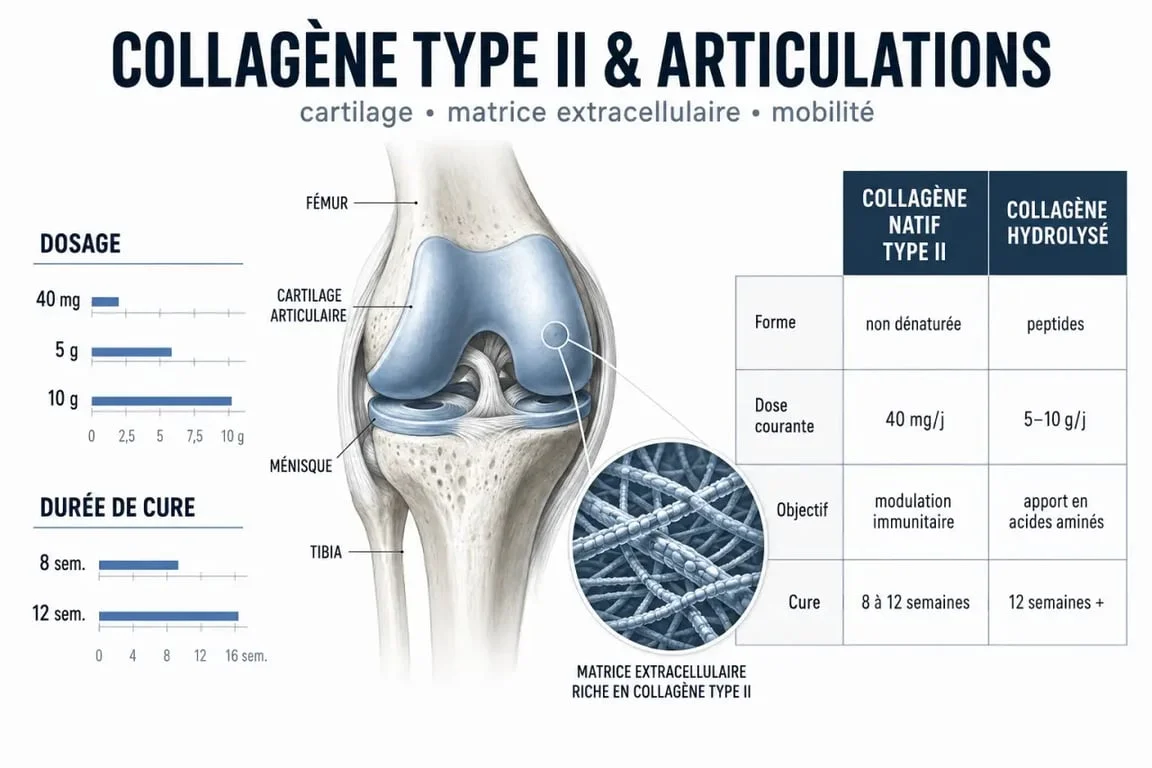 Collagène de type 2 pour les articulations : schéma comparatif du collagène natif et hydrolysé