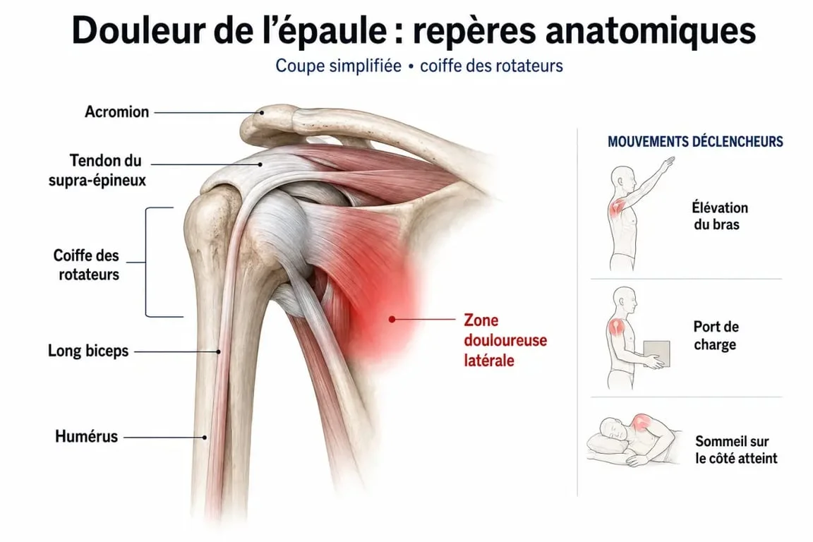 Tendinite de l'épaule : schéma de la coiffe des rotateurs et des zones de douleur