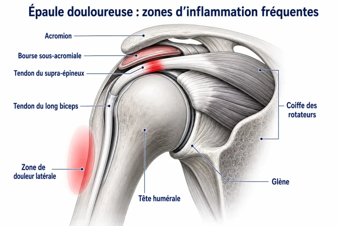 Schéma de l’inflammation épaule montrant la coiffe des rotateurs et les zones douloureuses