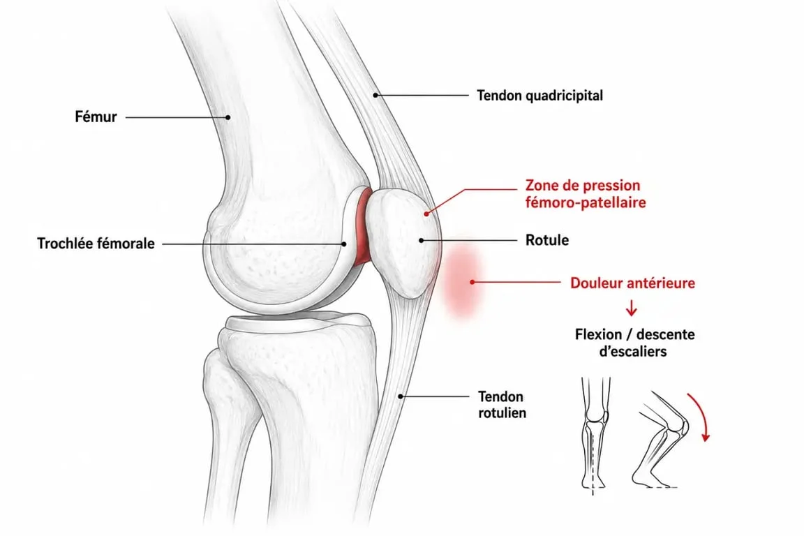Schéma du syndrome rotulien montrant la rotule et les zones de pression dans le genou
