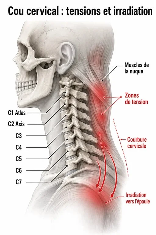 Douleur cervicale illustrée par un schéma du cou et des cervicales