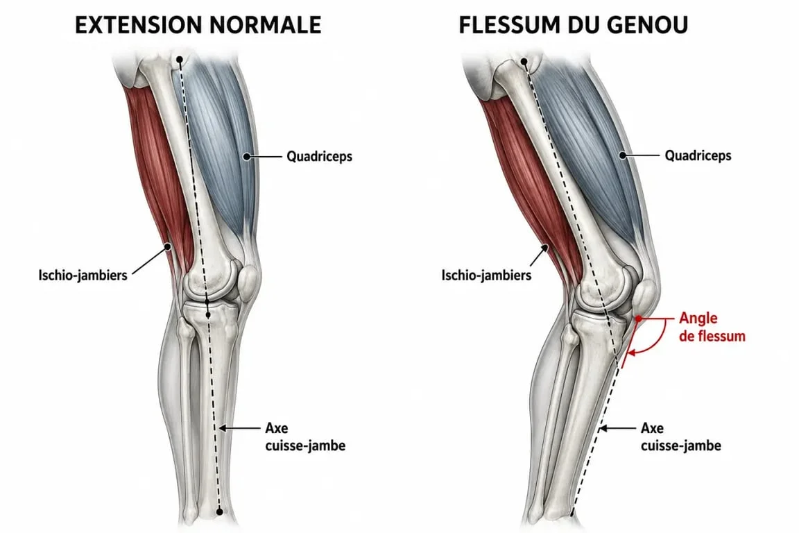 Schéma du flessum du genou montrant le manque d’extension et les muscles impliqués