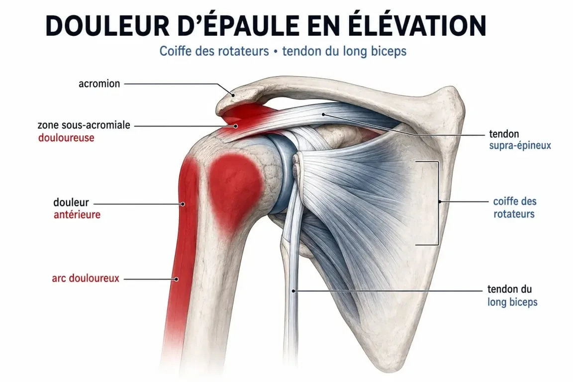 Épaule tendon douleur : schéma des tendons de la coiffe des rotateurs et des zones douloureuses