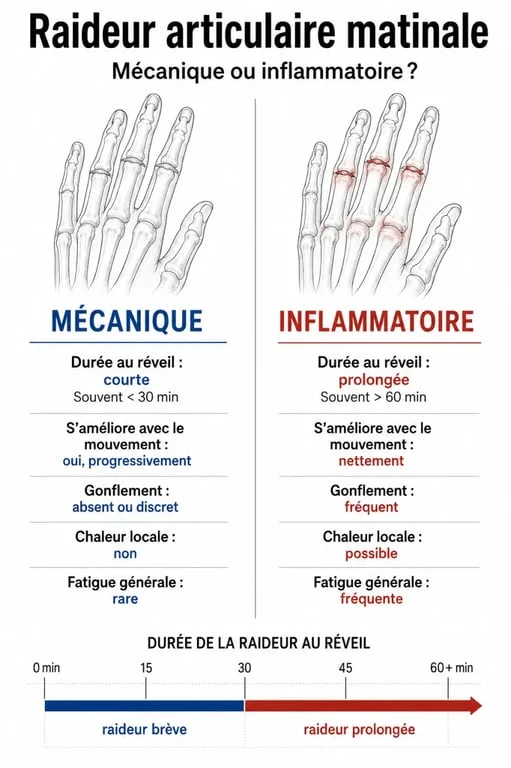Raideur articulaire matinale : comparaison entre causes mécaniques et inflammatoires au réveil