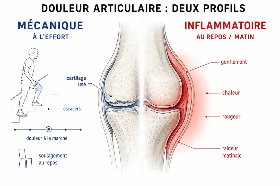 Douleurs articulaires : schéma comparatif d'une articulation douloureuse, mécanique ou inflammatoire