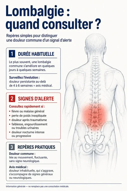 Mal de dos lombaire : visuel sur la durée, les signes d’alerte et quand consulter