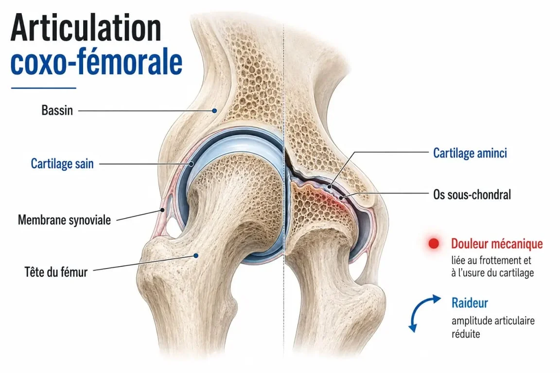 Arthrose de la hanche : schéma de l’articulation coxo-fémorale avec cartilage usé et zones douloureuses