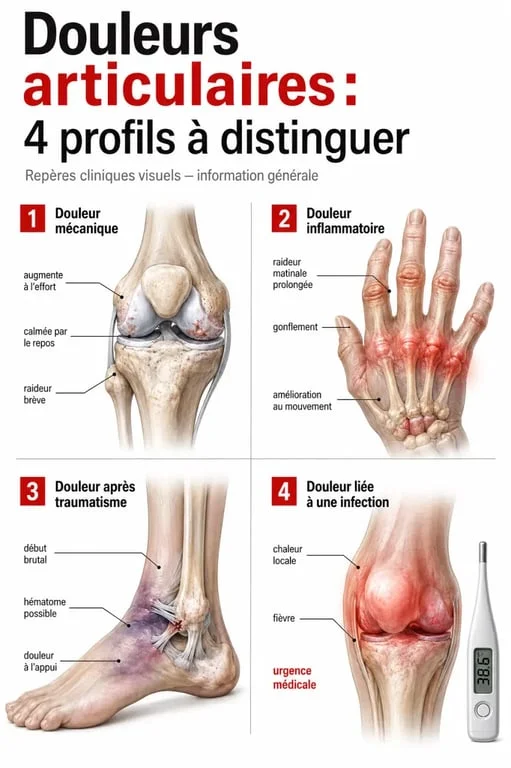 Douleurs articulaires : comparaison des douleurs mécanique, inflammatoire, traumatique et infectieuse