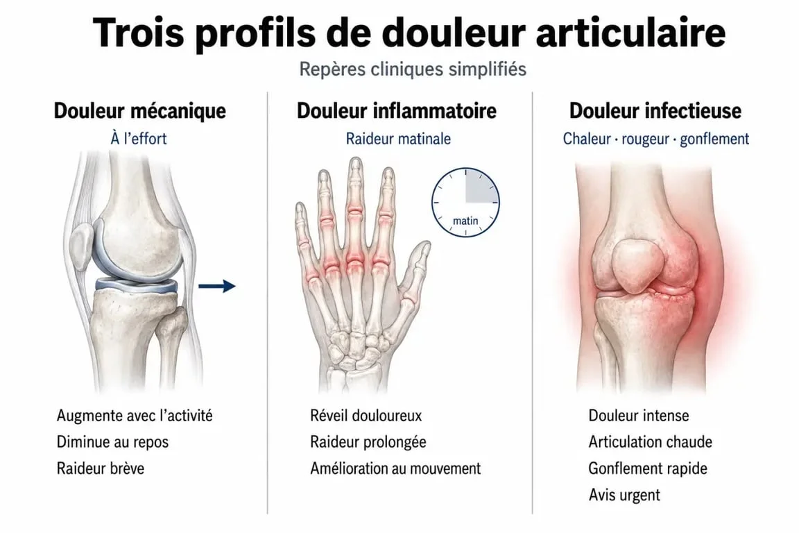 Douleur articulation : schéma comparatif des signes mécaniques, inflammatoires et infectieux