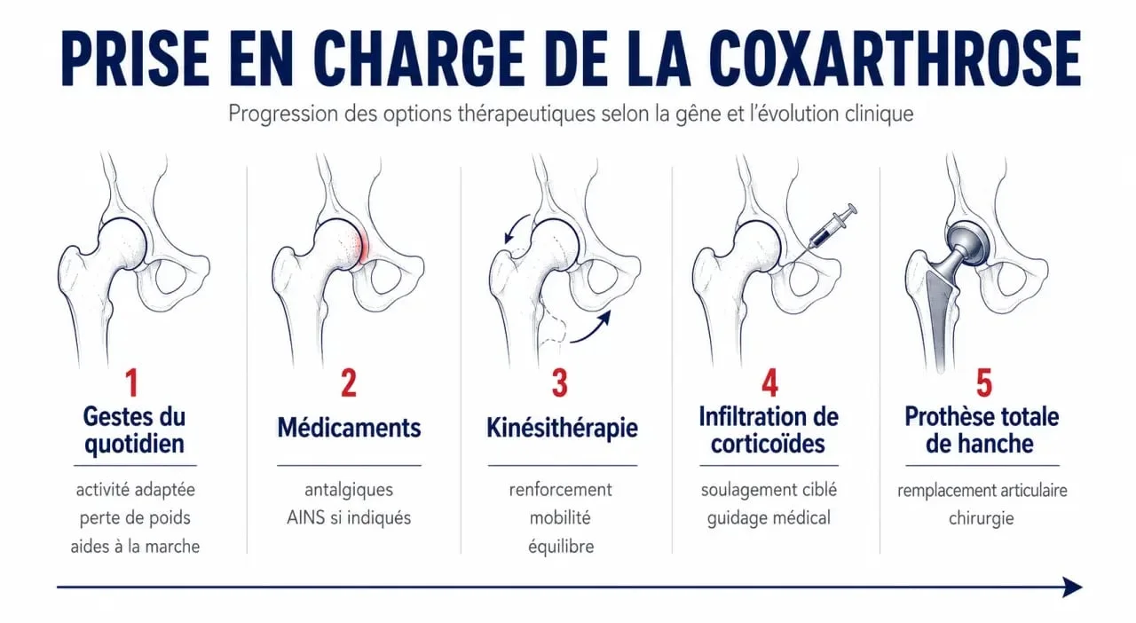 Coxarthrose traitement : schéma des options de prise en charge de la hanche de l’activité adaptée à la prothèse