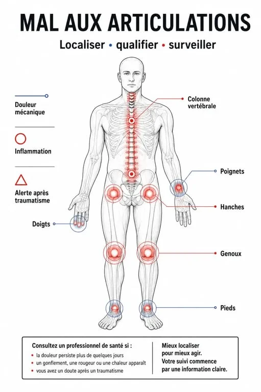 Mal aux articulations : schéma des articulations fréquemment touchées et des signes d’alerte à surveiller