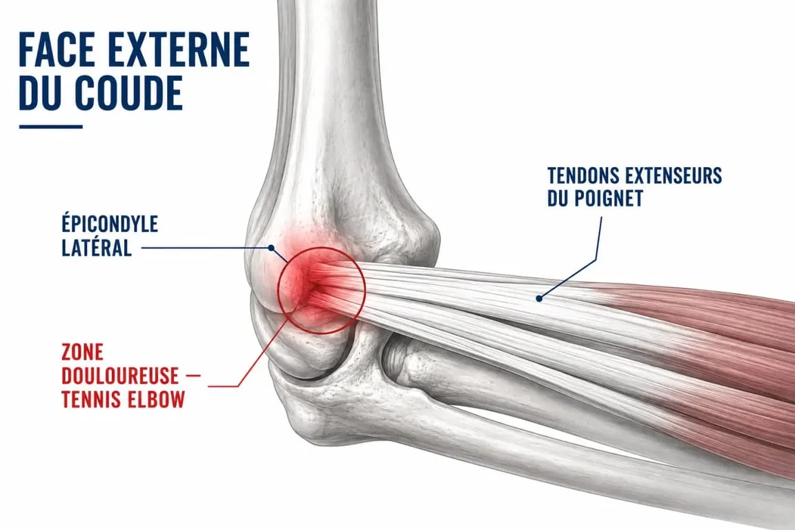 Schéma de la douleur du coude tennis elbow montrant l’épicondyle latéral et les tendons extenseurs