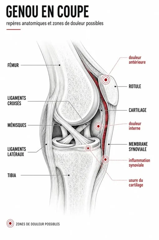 Schéma du genou pour comprendre une douleur genou, avec ménisques, ligaments, cartilage et synoviale