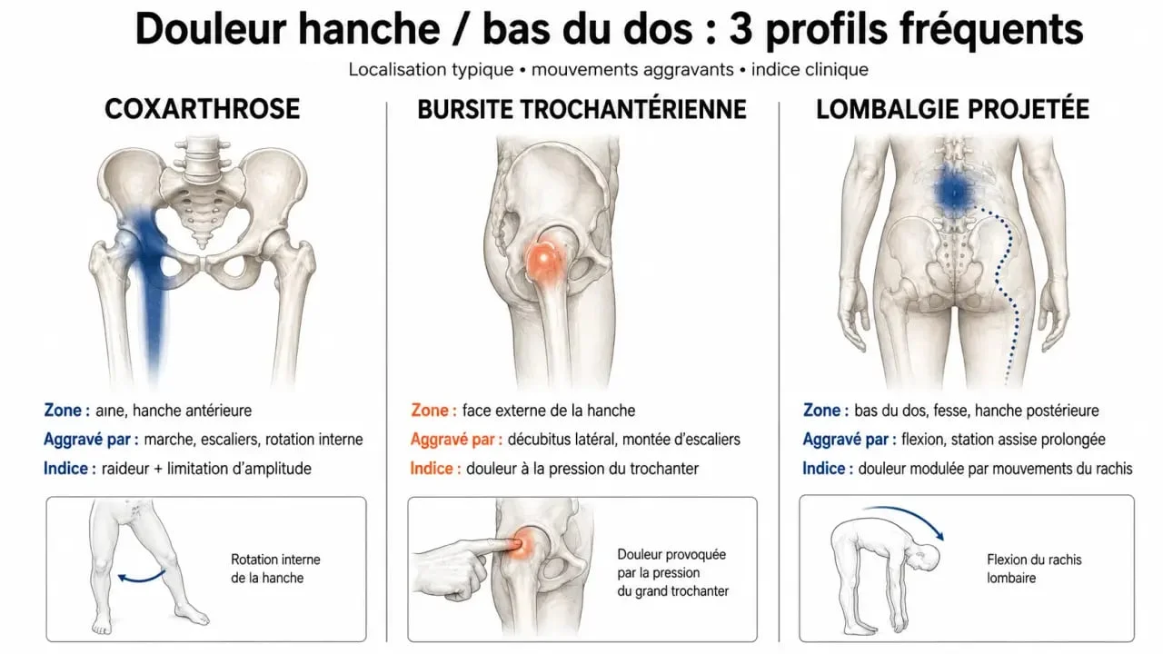 Arthrose du bassin : comparaison des douleurs de hanche, bursite et lombalgie