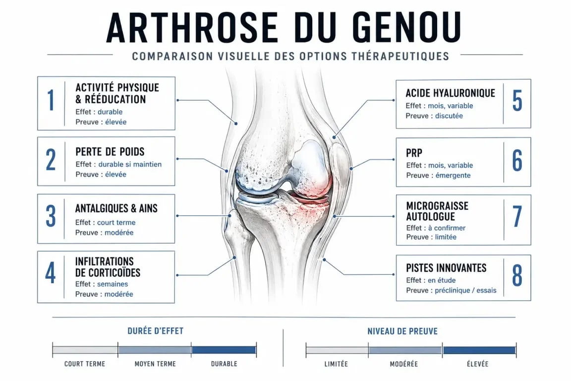 arthrose du genou : traitements disponibles et nouveautés, infographie médicale comparative